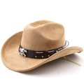 Camel suede cowboy hat with wide brim, brown leather band and silver skull accent - M (56-58cm) / Khaki