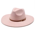 Detailed view of the soft pink faux suede fedora with brown leather buckle strap accent - M(56-59CM) / Pink