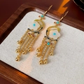 Detail of vintage gold-plated flower earrings with turquoise beads and long tassels - Ear Hook Flower Tassel Style / Gold (Real Gold Plated)