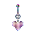 Detailed view of rainbow metallic belly button ring with sparkling crystal heart pendant - Rainbow Beaded Heart