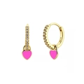 Golden S925 sterling silver hoop earrings with pink enamel heart and zircon accents - 24K / Gold-Pink Enamel Heart (JQH0021-GG-8)