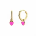 Golden S925 sterling silver hoop earrings with pink enamel heart and zircon accents - Gold Pink Heart Enamel Pendant (JQH0021-GG-8)