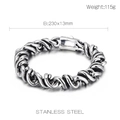 Nahaufnahme eines polierten Herren-Panzerarmbands aus Edelstahl mit Gewichts- und Maßangaben - Vintage Spiral Geflochtener Stil (KB152112-KJX)
