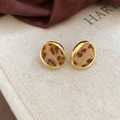 Macro view of leopard print oval earrings with gold metal trim and fur texture - 32# Oval Gold Border Plush Leopard Studs (Silver Earring Post-Gold-Light Coffee)