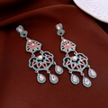 Vintage silver-plated heart earrings with pink rhinestones and turquoise accents - 46# Silver Earring Post - Silver - Blue Pink - Vintage Hollow Bohemian