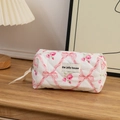 Quilted floral makeup bag with pink roses and ribbon bow pattern on white fabric - Pink Rose Square Cosmetic Bag