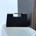 Elegante schwarze Pailletten-Abendtasche mit goldenem Metallgriff und Rahmen für Festabende - Mit langer Kette / Schwarz