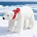Orsetto polare di peluche bianco con sciarpa a quadri rossi su sfondo di neve - 45x26cm / Stile Sciarpa Rossa Con Grandi Fiocchi di Neve