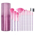Professional 12pcs pink glitter makeup brush set with matching cylinder storage case - 12Pcs With Cylinder Tube / Rose Red