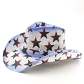 White western cowboy hat with blue tie-dye and red star print on breathable mesh material - Blue Star