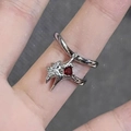 Silver double-layer ring featuring a red square gem and starburst motif with star filter - Red Double Star (J482)