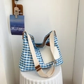 Blue and white plaid canvas shoulder bag with wide strap and white front pocket - Blue Plaid