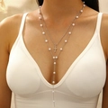 Collier double rang en argent avec perles d'imitation et petit pendentif en croix - Style en Forme de Y de Croix de Perle Artificielle Double Couche (5621)