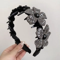 Elegant headband with silver rhinestone flowers and black beaded accents on fabric base - 7# Black Headband (Rhinestone Flower Decoration)