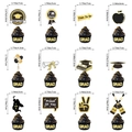 Cuadro detallado de tallas para adornos de cupcakes de graduación en color negro y dorado - Estilos de Graduación Negro y Oro