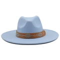 Detail of light blue wool fedora with studded brown leather band and wide brim - M (56-58cm) / Sky Blue