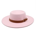 Close-up of the light pink felt boater hat with detailed brown leather strap and metal studs - M (56-58cm) / Pink