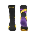 Thick black basketball socks with purple and yellow athletic patterns on knit fabric - Kids One Size / Black/Purple