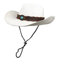 Detail of white straw cowboy hat featuring brown leather band and turquoise stone ornament - M (56-58cm) / Pure White