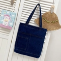Dark blue denim tote bag with multi-pocket design and contrast yellow stitching detail - Style 2 Dark Blue (Plain)