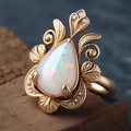 Vintage gold ring with pear-shaped opal stone and intricate leaf filigree details - US 6 / Champagne Gold