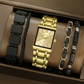Business men's square gold quartz watch set with four black bracelets in gift box - Gold Set