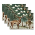 Set of 4 Christmas placemats with reindeer and forest watercolor print on rustic linen - CD62-14 (Forest Reindeer Pinecone)