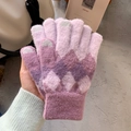 Purple and pink diamond pattern knitted thermal gloves with grey touchscreen fingertips - One Size / Purple