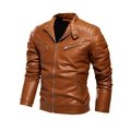 Men's slim fit brown motorcycle PU leather jacket with quilted shoulder details - L / Tops / Earthy Yellow