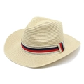 Men's straw panama hat in beige with red and blue greek key pattern ribbon trim - M (56-58cm) / Beige