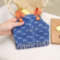 Denim pet vest harness in navy blue with white butterfly prints and orange straps - S / Deep Blue & Orange