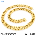 Golden titanium steel Cuban link chain necklace with dragon whisk clasp, 450x12mm size - 12mm Gold (45cm)