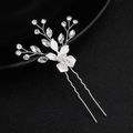 Silver bridal hair pin featuring pearl flowers and rhinestone leaves on a U-shaped clip - HS-J4794S Single Silver Rhinestone Hair Pin