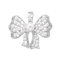 Close-up of bow pendant featuring silver metal with white pearls and sparkling crystals - VD1489-White Gold Pearl Bow