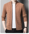 Men's winter business casual knit cardigan in caramel brown with cable knit texture - M / Turmeric