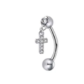 Silver stainless steel belly button ring with white zircon and sparkling cross pendant - Cross Style