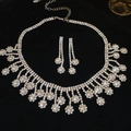 Silver flower jewelry set with sparkling crystals and tassel necklace on velvet - 89# Necklace-Silver