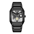 Detailed close-up of a matte black skeleton watch showing gears and hexagon case - Black Strap Black Case