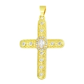Macro view of a gold cross pendant with cubic zirconia inlay and intricate engravings - Pendant 20-X1793 (Gold Carved Clear Zirconia Cross)