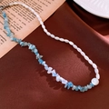 Detailed close-up of beaded necklace with aquamarine chips and elegant white pearls - 17# Necklace - Blue White Patchwork Pearl