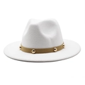 Classic white wool felt fedora hat with brown leather band and gold stud accents - M(56-58cm) / White