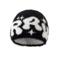 Trendy unisex black knit beanie with white RRI letter pattern and plush mohair texture - Adult / Black