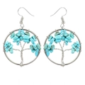 Detailed wire-wrapped silver tree of life earrings with turquoise crystal chips - 3.5cm / Silver + Turquoise
