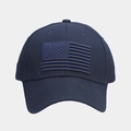 Detailed close-up of navy blue baseball cap with 3D American flag embroidery on front - Adjustable / Navy Blue