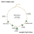 Golden stainless steel necklace with five square-cut green glass stones and beads - Light Green Glass Stone Gold Necklace / 41.5+5cm