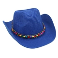 Detailed weave of a dark blue straw cowboy hat with colorful ethnic beaded band accent - Sapphire Blue