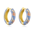 Pendientes de aro retro bañados en oro de 18K con esmalte azul y motivos florales - Azul