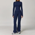 Completo yoga blu scuro 3 pezzi con giacca a maniche lunghe con zip e pantaloni a zampa - Taglia S / Top E Pantaloni / Blu Navy