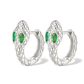 Silver snake hoop earrings with green marquise zircon eyes and textured scales - 925 Silver / Silver - Green Zirconia