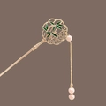 Classic gold hair pin with green bamboo leaf motif and elegant pearl tassels - F0538 Green Bamboo Leaf